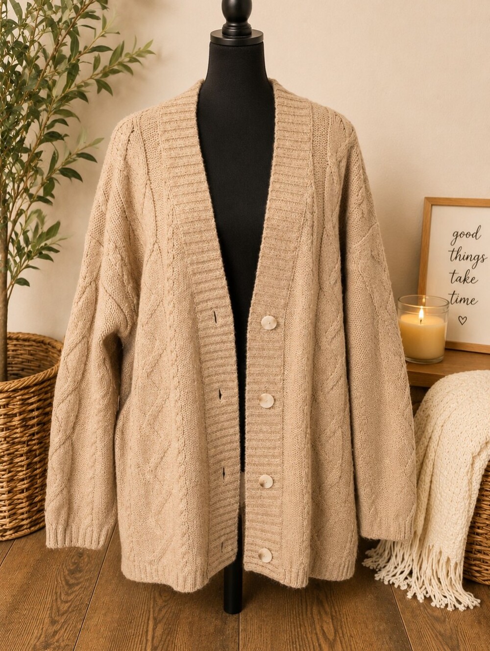 Old Navy Cable Knit Button Cardigan Sweater Medium Oversized Beige Cottagecore